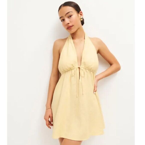 REFORMATION Carlena Halter Linen Parmesan Yellow Dress Large NWT  $218 - Picture 8 of 9